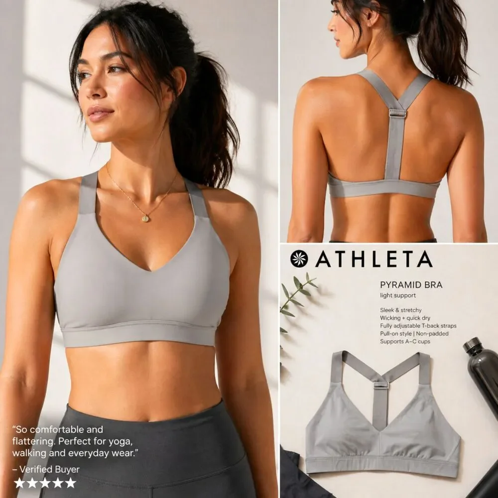 Athleta Pyramid Sports Bra S Grey Silver Racerback Light Support Wicking Yoga